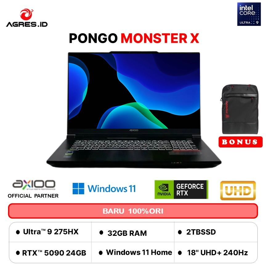 NEW - AXIOO PONGO MONSTER X ULTRA 9 275HX RTX5090 24GB/ 32GB 2TB W11 18.0UHD+ 240HZ