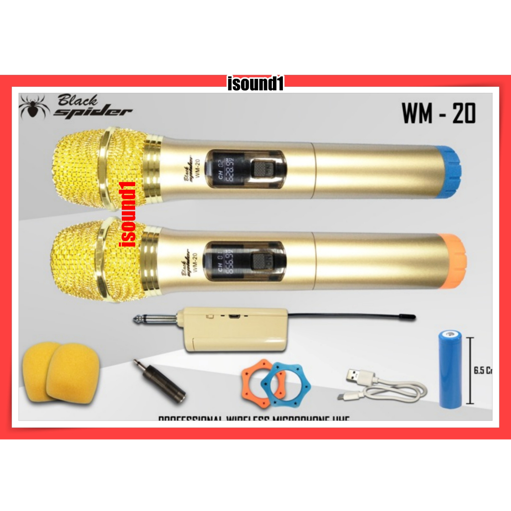 MURAH MIC WIRELESS BLACKSPIDER WM-20 MICROPHONE PEGANG WM 20 DOUBLE MIC RECHARGEABLE UHF ORIGINAL