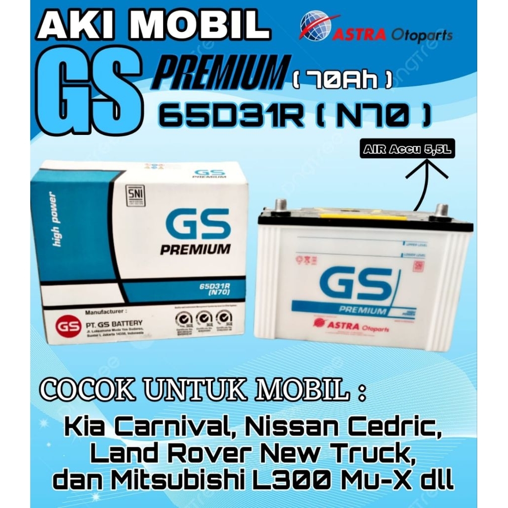 AKI MOBIL L300 SOLAR PHANTER TRUK KIJANG DIESEL DLL GS PREMIUM N70 65D31R 12V 70AH BASAH
