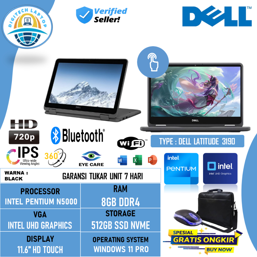 Laptop Touchscreen Dell Latitude 11 3190 2in1 Intel Pentium N5000 8GB 512GB SSD 11.6 Inch Win 11 Pro