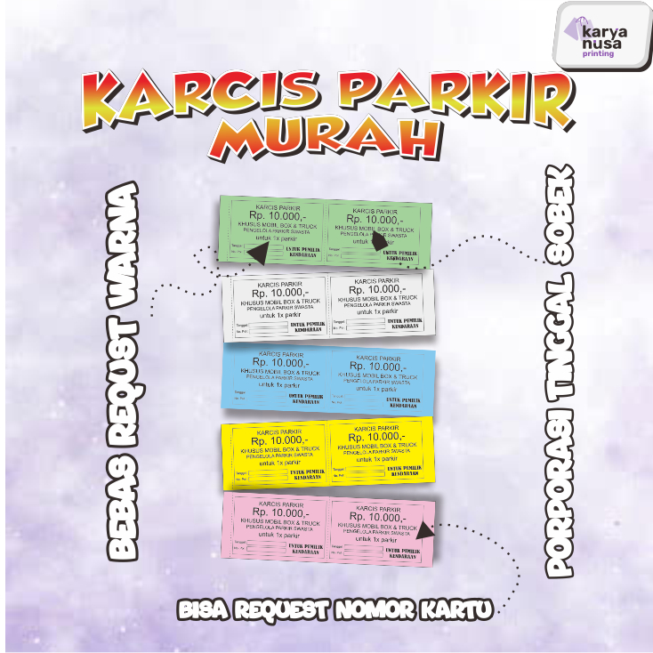 

Karcis Parkir Murah 4x16 cm - Kertas Premium HVS 70-75gsm Tidak Mudah Robek dengan Cover Depan Kertas Kissing Mengkilap dan Cover Belakang Karton Tipis Tahan Lama - Bisa Custom Request Tulisan dan Nomor Khusus