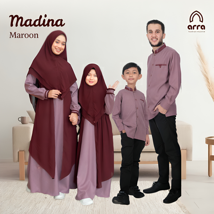ARRA MADINA MAROON - Baju Sarimbit Muslim Kapel Keluarga Gamis Koko Ayah Ibu Anak Laki Perempuan 4XL