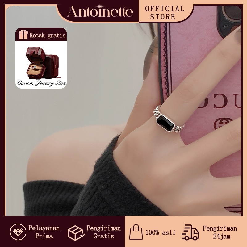 【Kotak Gratis】Cincin Wanita Perak 925 dengan Onyx Hitam - Model Rantai Kekinian yang Unik dan Stylis