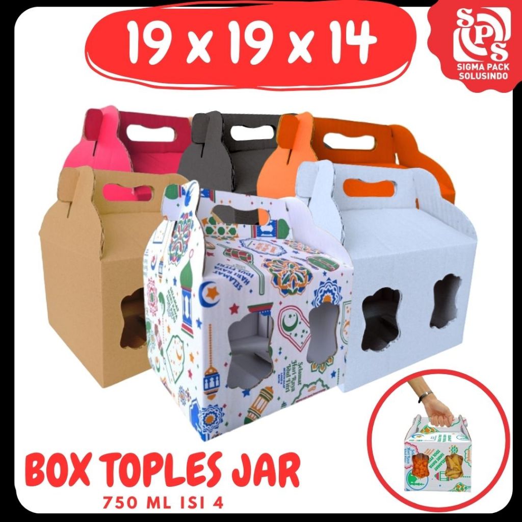 

Box Kuker 19x19x14 Jinjing (TOPLES JAR 750ml Isi 4) Kardus Kue Kering Idul Fitri Hampers Gable Box