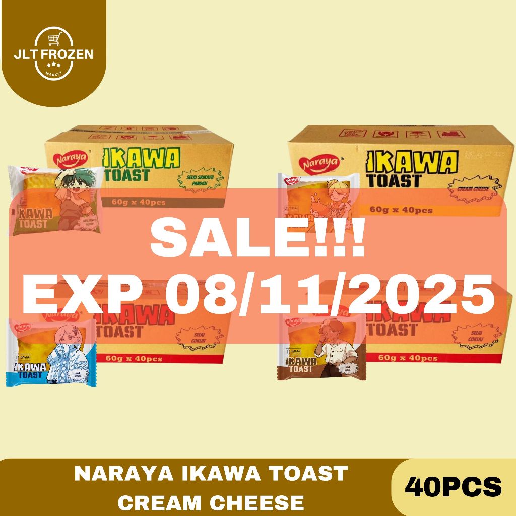 

Naraya Ikawa Toast / Roti Panggang Cream Cheese / Selai Vanila / Selai Coklat / Selai Srikaya Pandan 60G 1 Carton / 40 PCS ( EXP ; 06-08-2025)