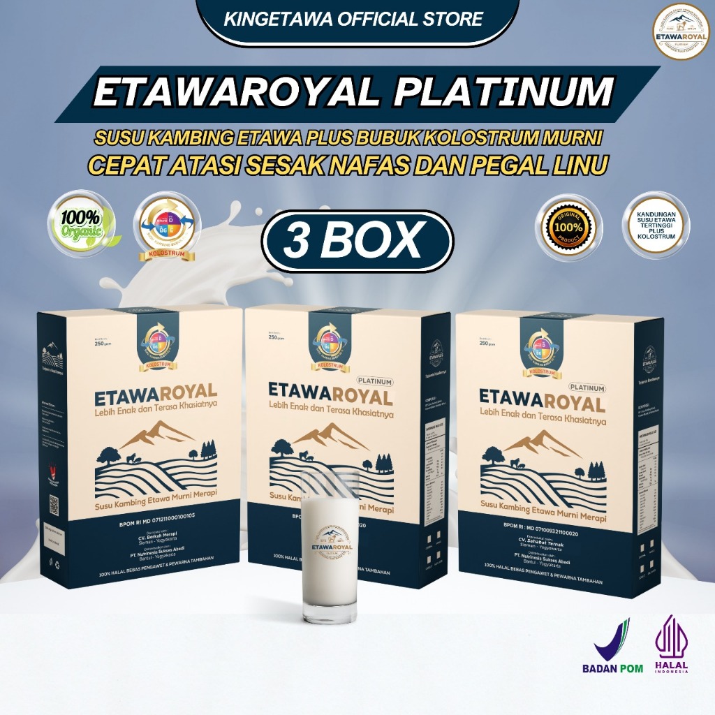 

Susu Kambing Etawa Etawaroyal Kolostrum - Perubahan merk Etawaplus Platinum Asli - Susu Etawaroyal Untuk Kesehatan Pernafasan dan Nyeri Sendi - Susu Kambing Etawa Plus Kolostrum Paket 3 Box 750gram