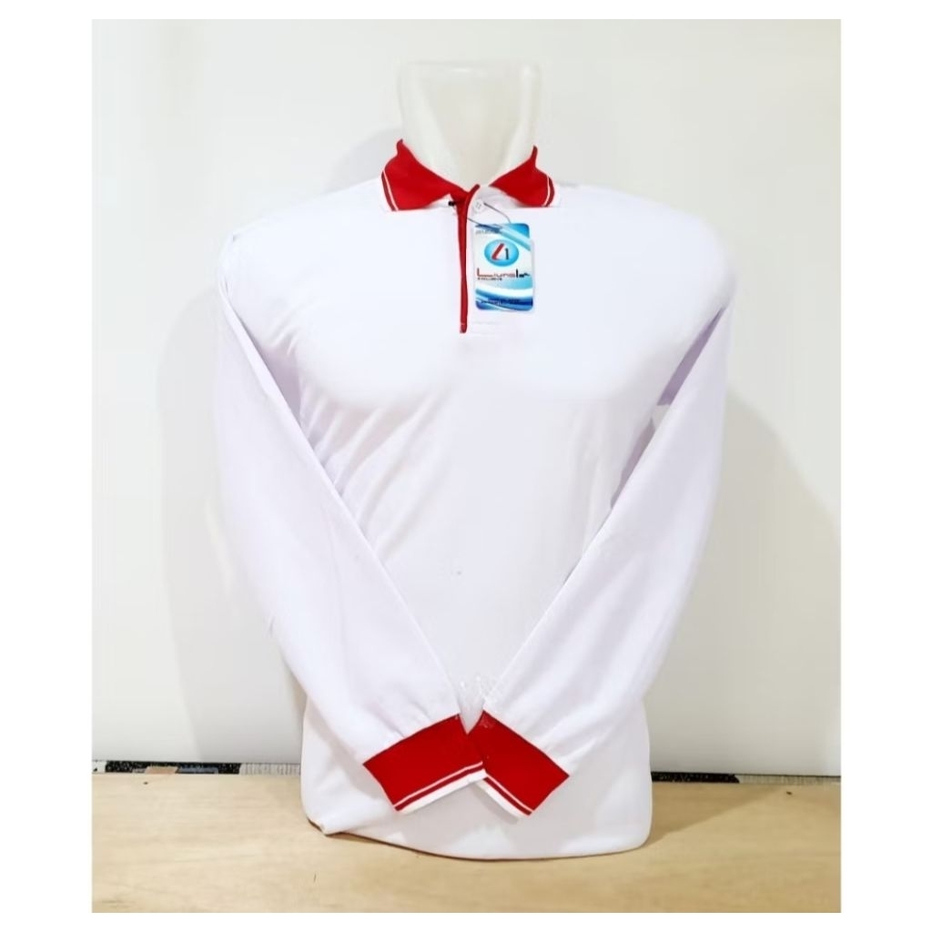 Baju Olahraga Lengan Panjang Putih Merah Pria Wanita Kaos Senam Seragam Sekolah Atasan Training