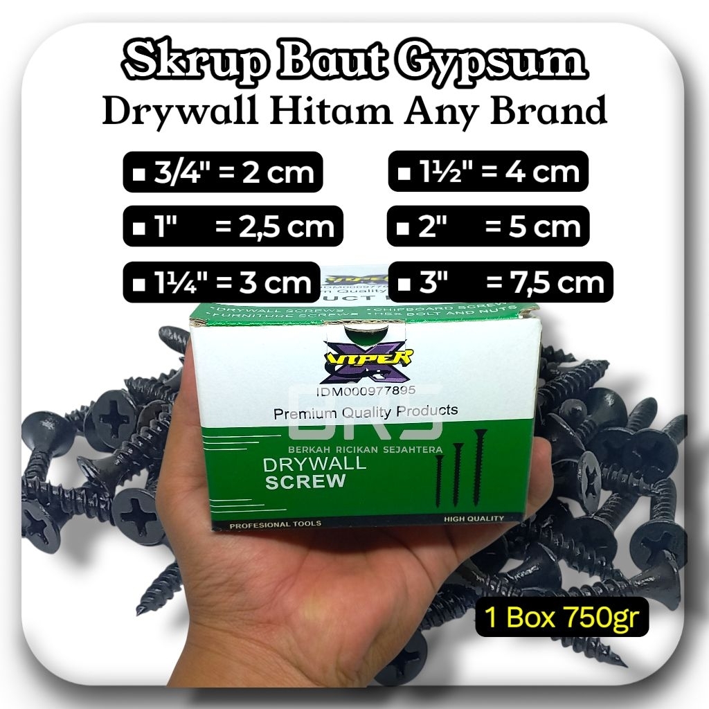 [1 BOX] Skrup Gypsum Baut Drywall Hitam | 3/4" - 3" | 2cm - 7,5cm | Plavon PVC GRC HPL Triplek
