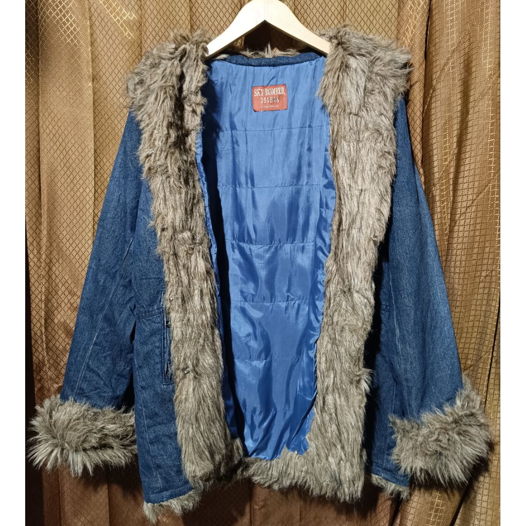 long coat denim wanita jaket long coat denim biru coat kerah bulu long coat biru denim jaket denim b