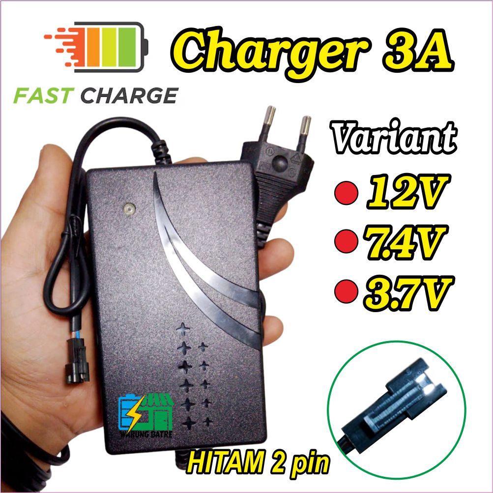 Adaptor Charger Mainan Anak RC 3.7v - 5v - 7.4v - 12v -14.8v, ADAPTOR 3A Soket RC SM. HITAM 2 Pin