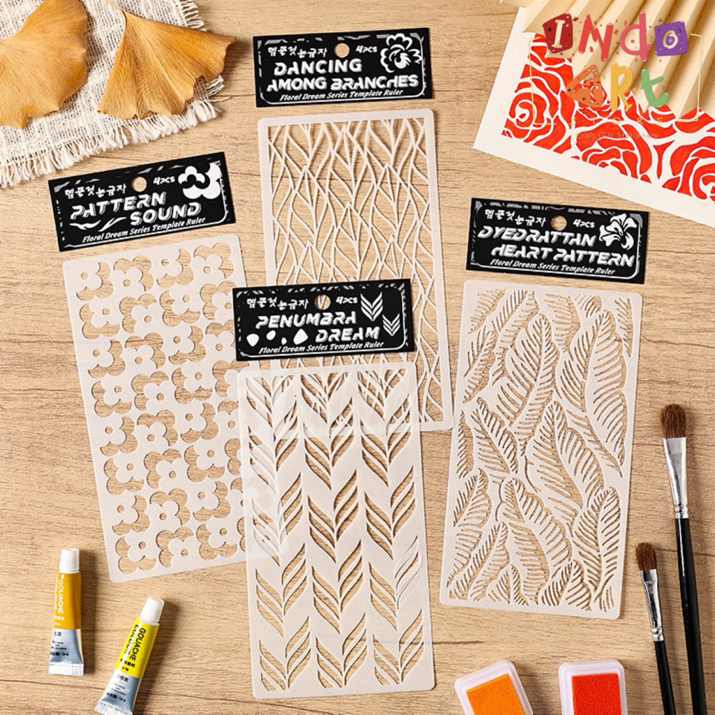 (IAS) 4 pcs Cetakan PET Plastik Stencil Set Stensil Wooden Kayu Air Pattern Batik Road Dinding Wall 