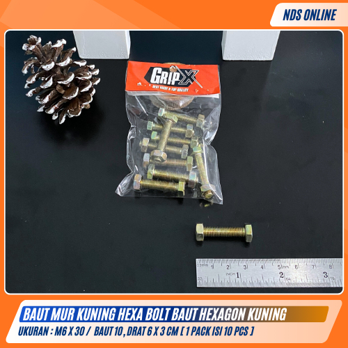 Baut Mur Kuning Hexa Bolt M6x30 Baut & Mur Hexagon Drat 6x3cm / Baut 10 [ 1 Pack Isi 10 Pcs ]