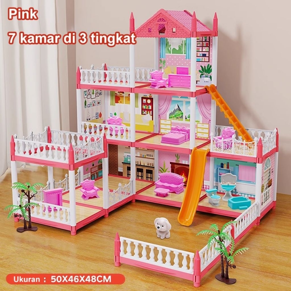 Mainan Anak Perempuan Rumah-rumahan 7 Kamar Tingkat Pink