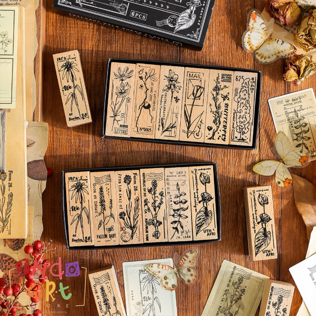 

(IAS) zABC Wooden Stamp Stempel Bunga Plant Wild Flowers Retro Vintage Tumbuhan Cetakan Kayu Tumbuhan Journal Travel