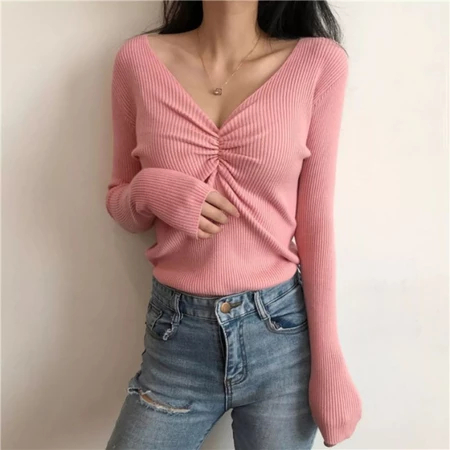 VHP - F87 Baju Wanita Lengan Panjang Rajut Halus Lembut Import Blouse V Neck Knit