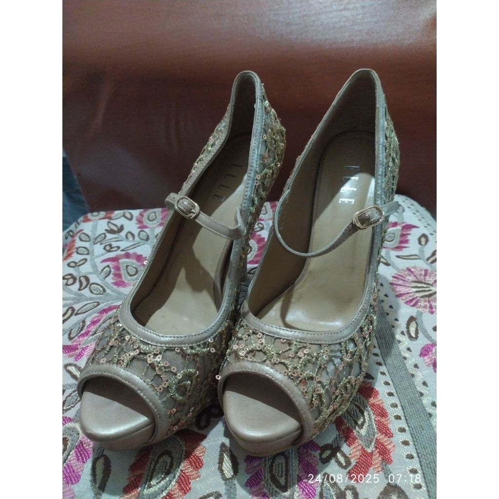 Elle Preloved Heels, Brokat, Coklat Muda - Cream
