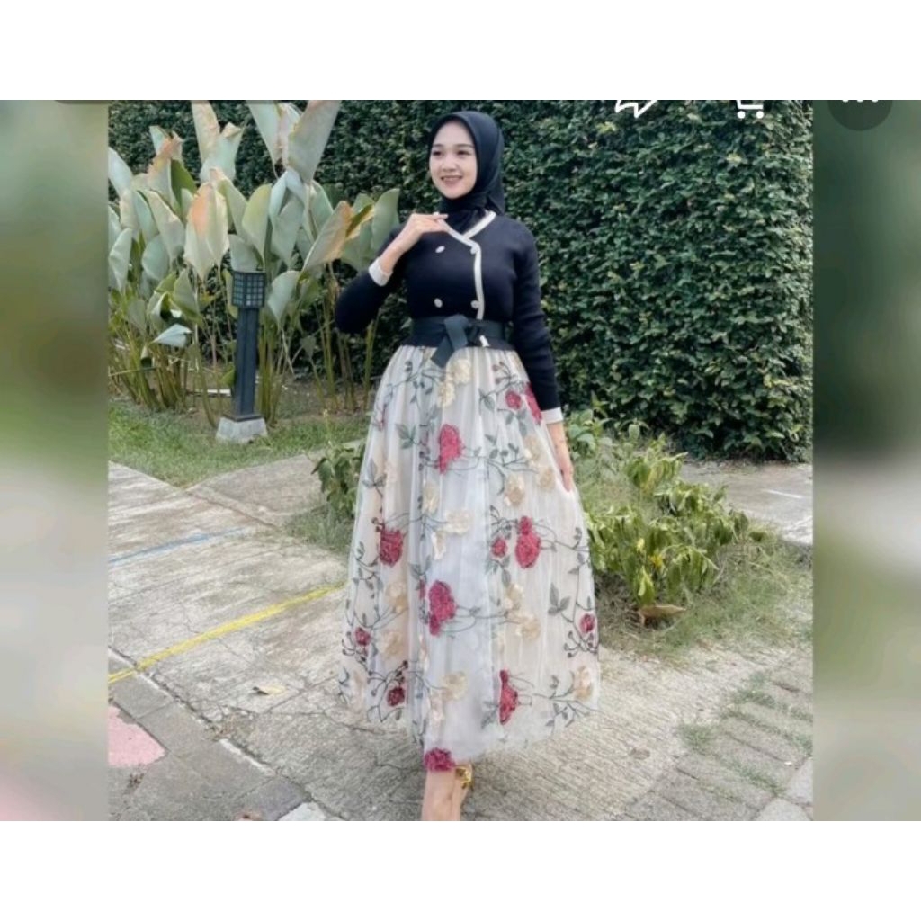 dress knit mix tile bunga 3D, gamis