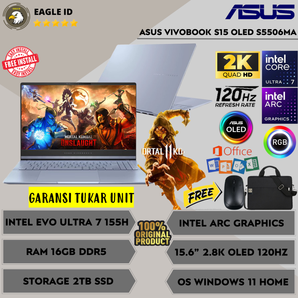 Laptop Asus Vivobook S15 OLED S5506MA Intel Evo Ultra 7 155H Ram 16GB DDR5 2TB SSD 15.6'' WUXGA OLED