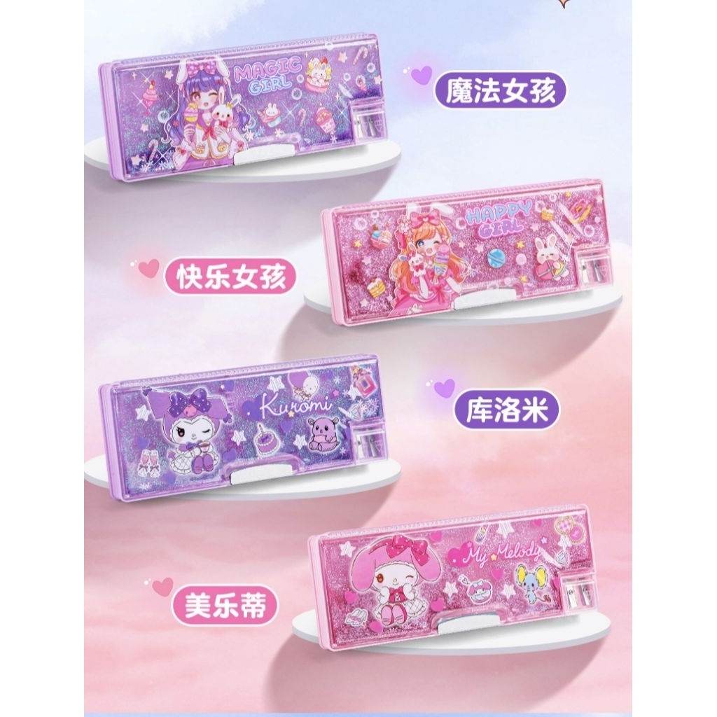 

(PJ003) Glitter rectangle pencil case | Kotak pensil persegi panjang tempat pensil karakter unik multi fungsi