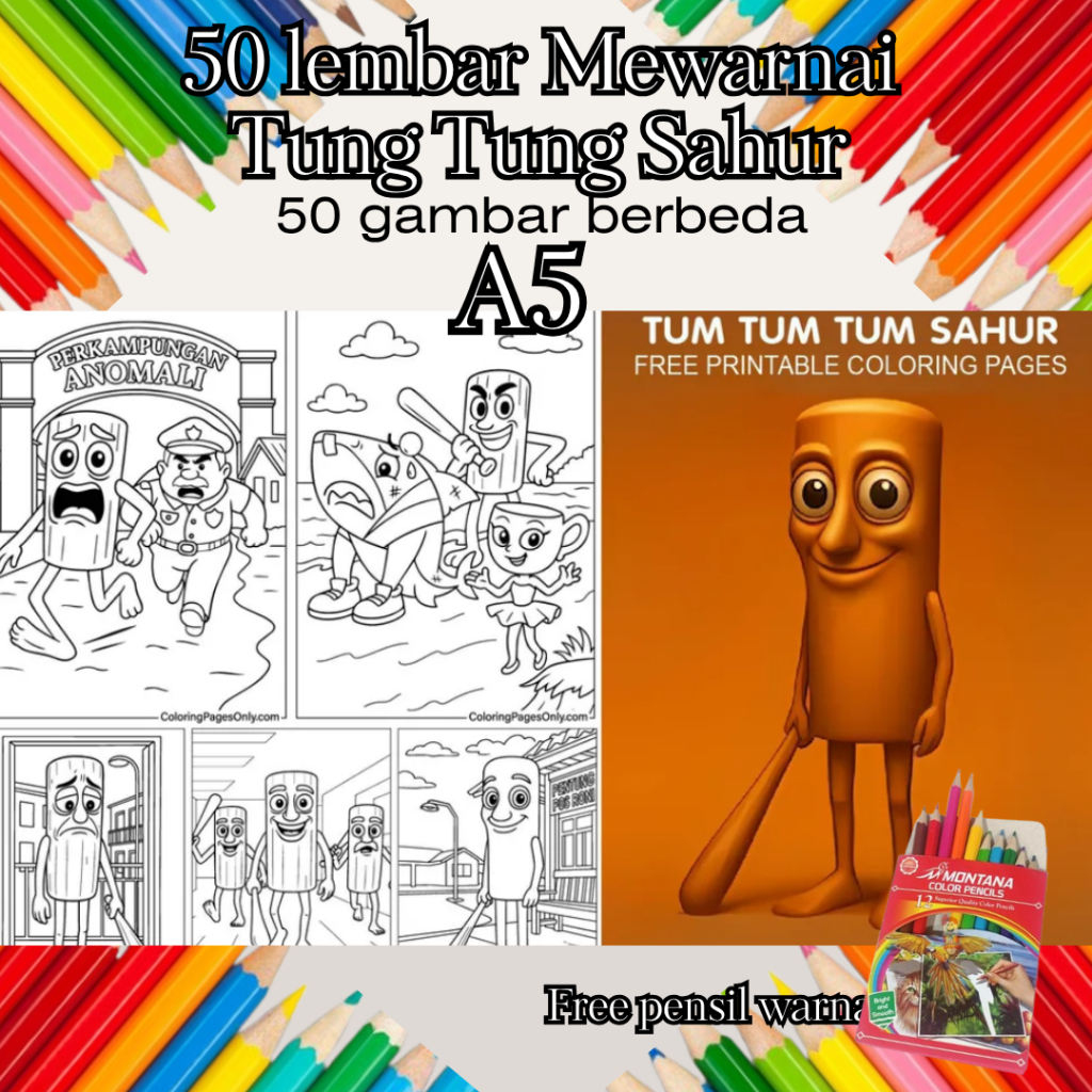 

Kertas Mewarnai 50 Lembar Tung Sahur A5 Gratis Pensil Warna