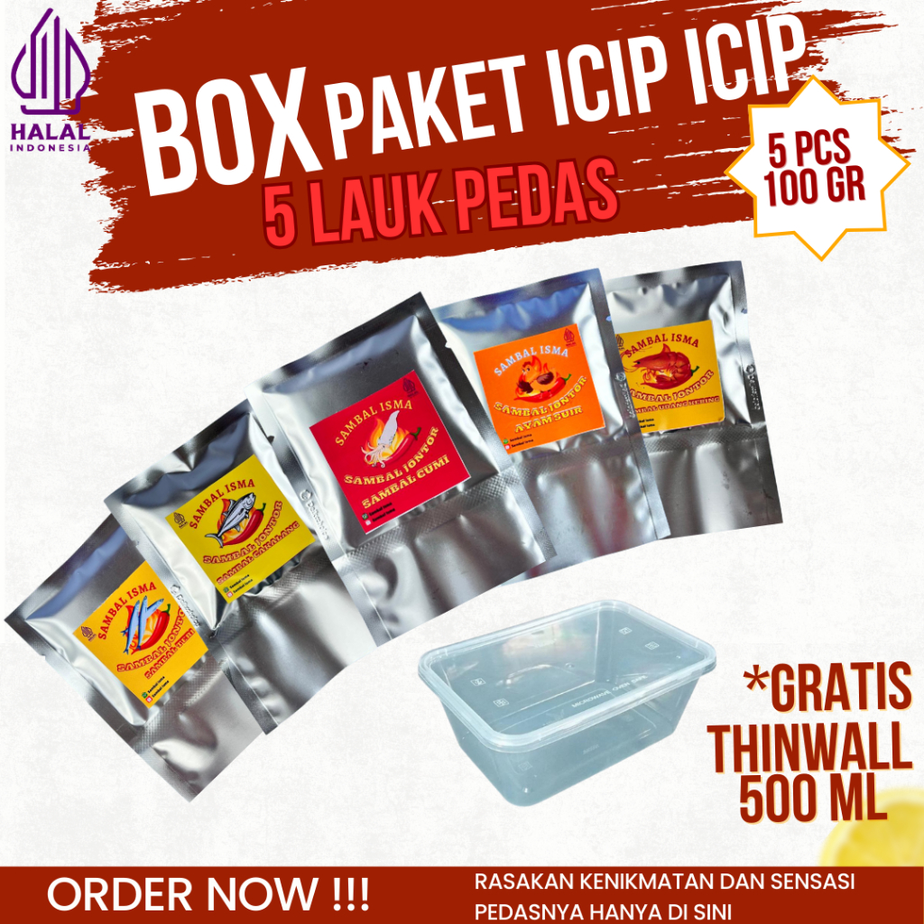 

BOX PAKET ICIP ICIP 5 LAUK PEDAS JONTOR BIBIR DOWER 100 GR ISI CUMI AYAM TONGKOL UDANG TERI