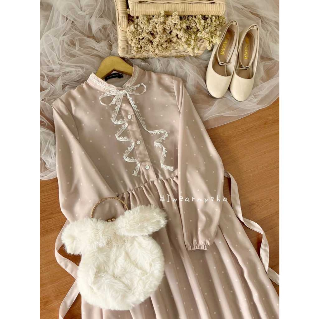 EIFFEL DRESS : WAFFLE POLKA Gamis Motif Polkadot Korean Dress StyleSize S M L XL Mysha Iwearmysha