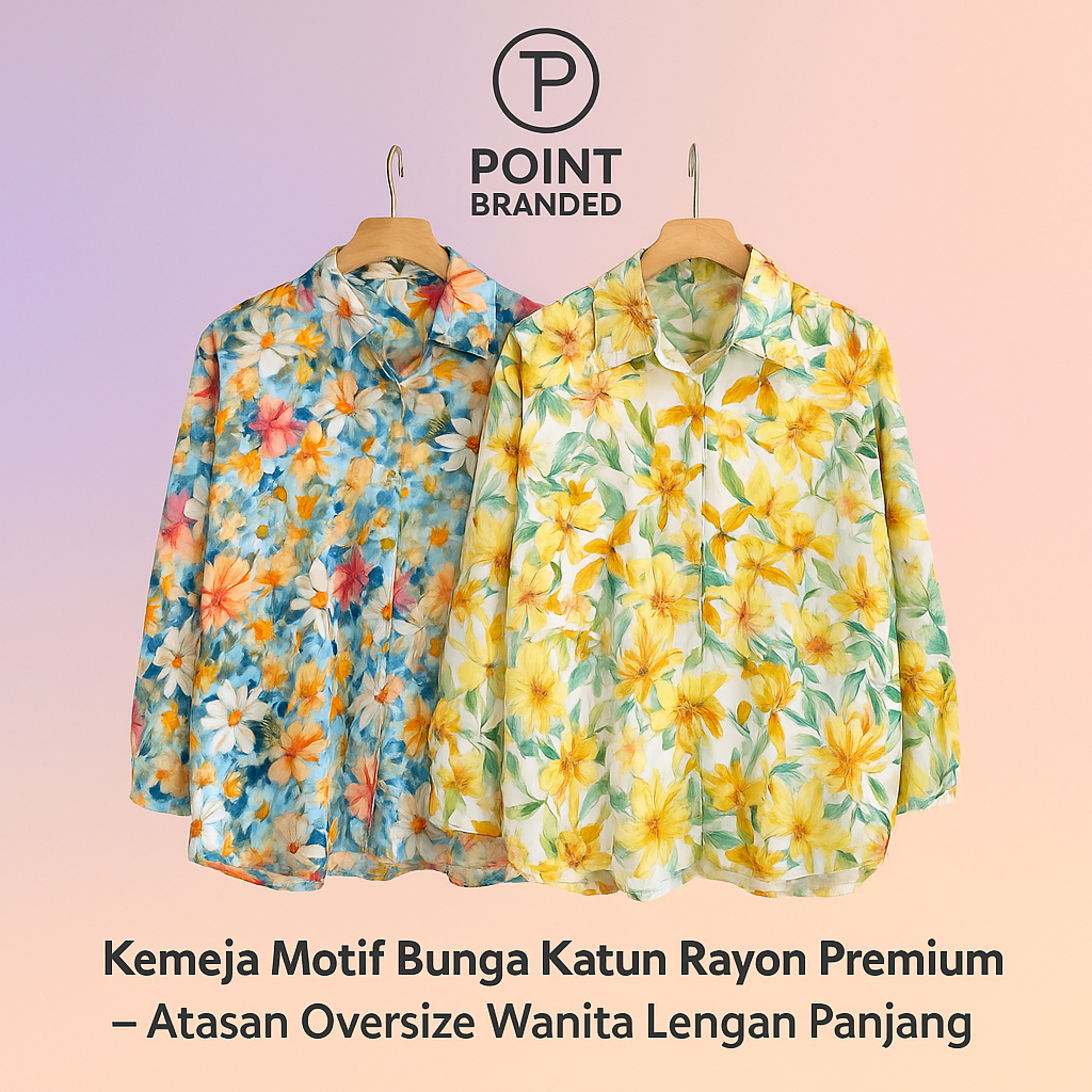 Kemeja Motif Bunga Katun Rayon Premium – Atasan Oversize Wanita Lengan Panjang Adem