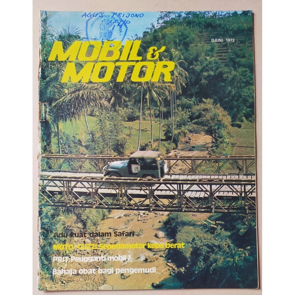 Majalah MM Mobil Motor Djuni 1972 : Cover Jeep Willys melintasi Jembatan - ada iklan Vespa