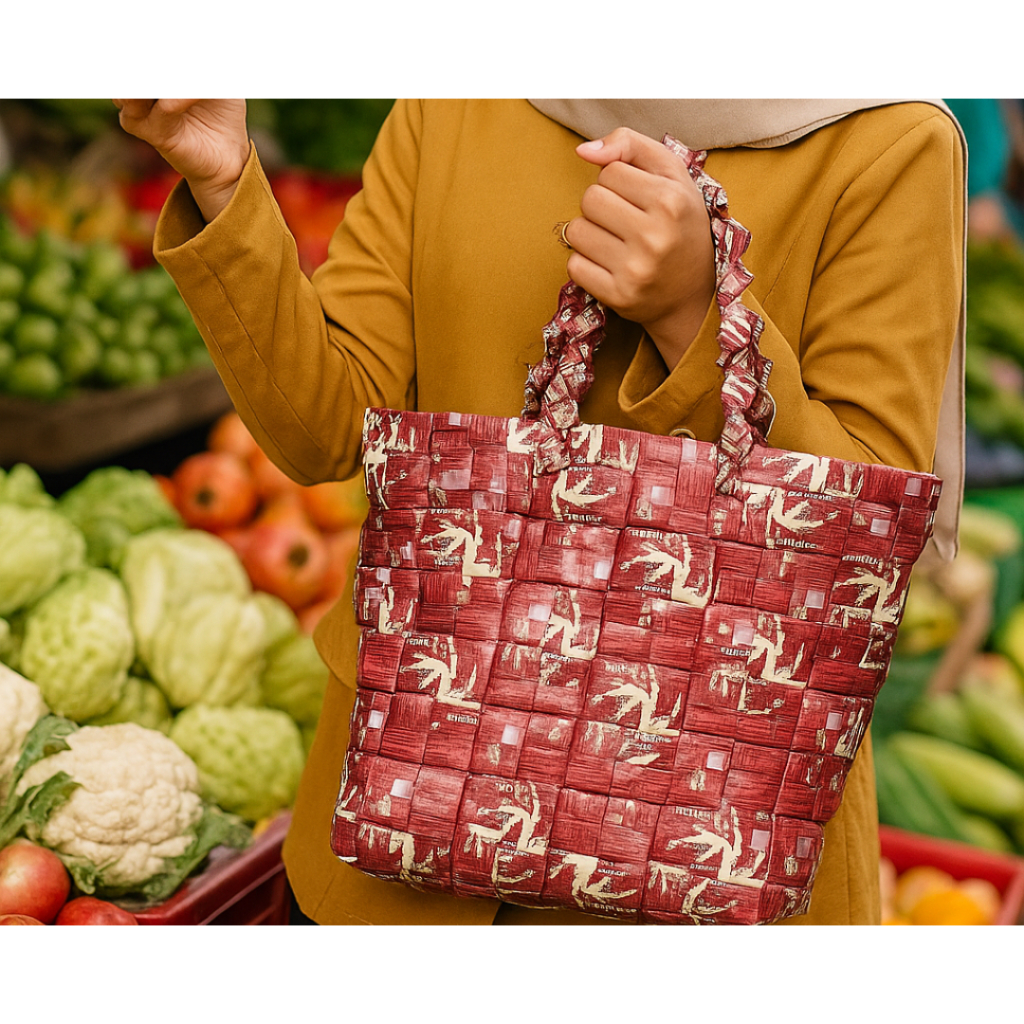 

Tas Anyaman Daur ulang kerajinan pelastik kemasan bungkus pop ice tas belanja tas anak dan dewasa