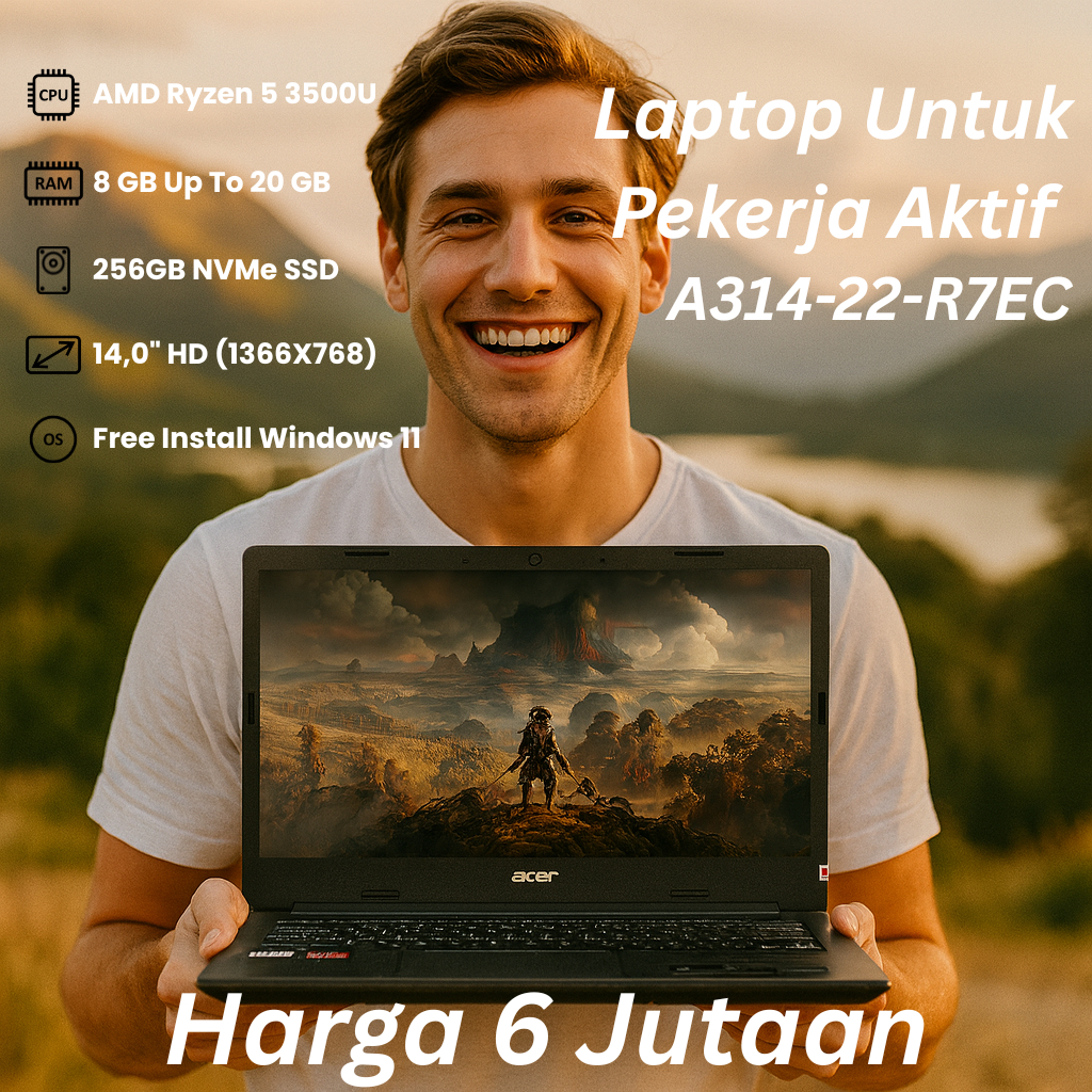 Laptop Acer Untuk Pekerja Aktif, Performa Maksimal / AMD Ryzen 5 3500U / Ram 20GB / SSD 256GB / Laya