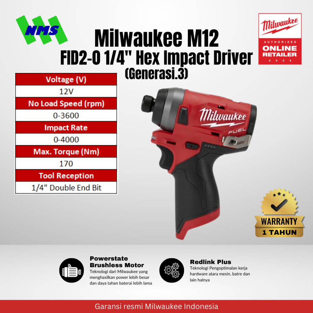 Mesin Obeng Bor Milwaukee M12 FID2-0 Hex 1/4" Compact Impact Driver 3600 rpm 170Nm Generasi 3 M12 FP