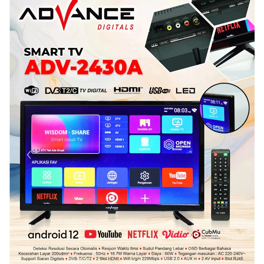 Advance ADV-2430A TV HD 24inch  Android TV Smart TV - Support Siaran Digital DV3 T2/C Garansi Resmi 