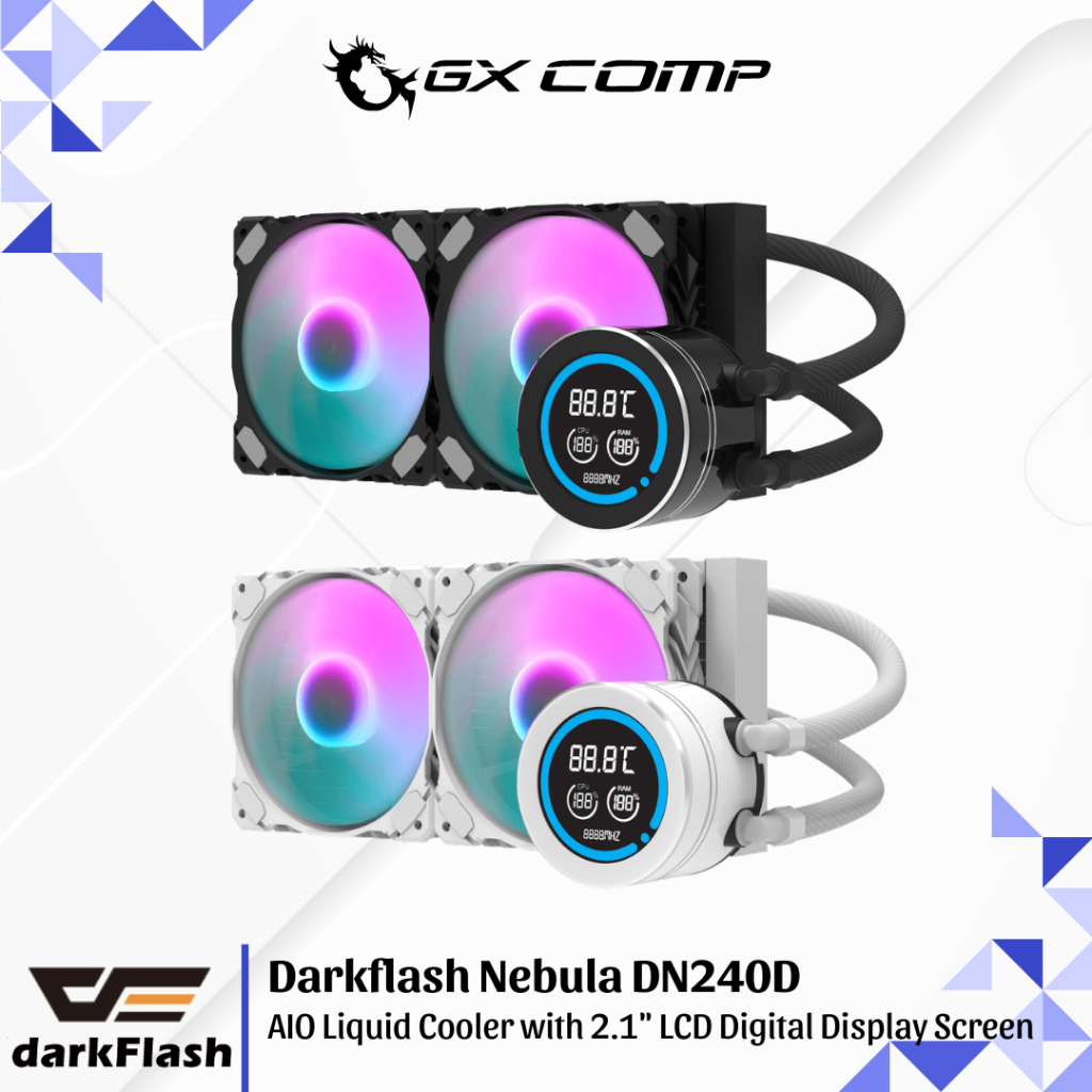 Darkflash Nebula DN240D Black & White ARGB AIO Liquid Cooler 240mm with 2.1" LCD Digital Display Scr