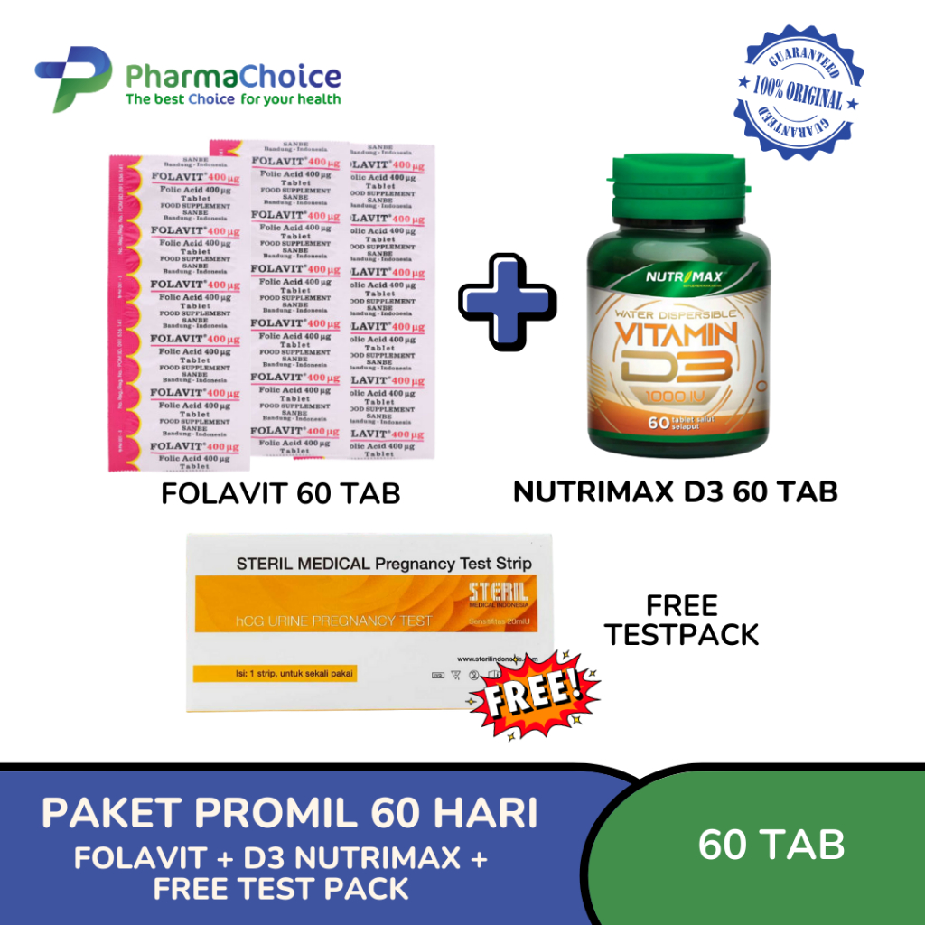PAKET PROMIL FOLAVIT DAN NUTRIMAX VITAMIN D3 1000 IU 2 BULAN (FREE TESTPACK 1 PCS))