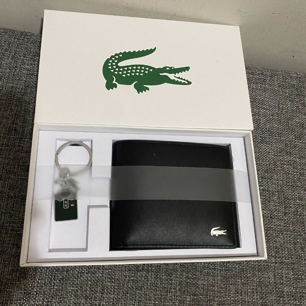Lacoste Wallet RFID set Bifold Black & Keychain/ dompet Black Dijamin Original