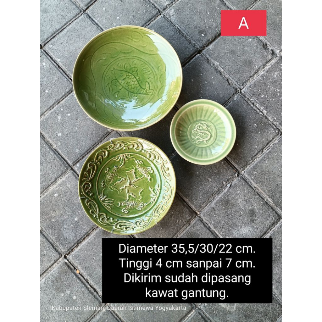 3 buah piring gantung keramik ikan timbul hijau celadon untuk dekorasi hiasan dinding di buat sepert
