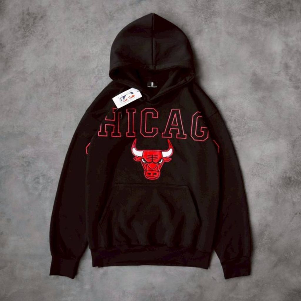 JAKET SWEATER HOODIE CREWNEX  CH1C4GO BULLS EMBROID FULLBLACK