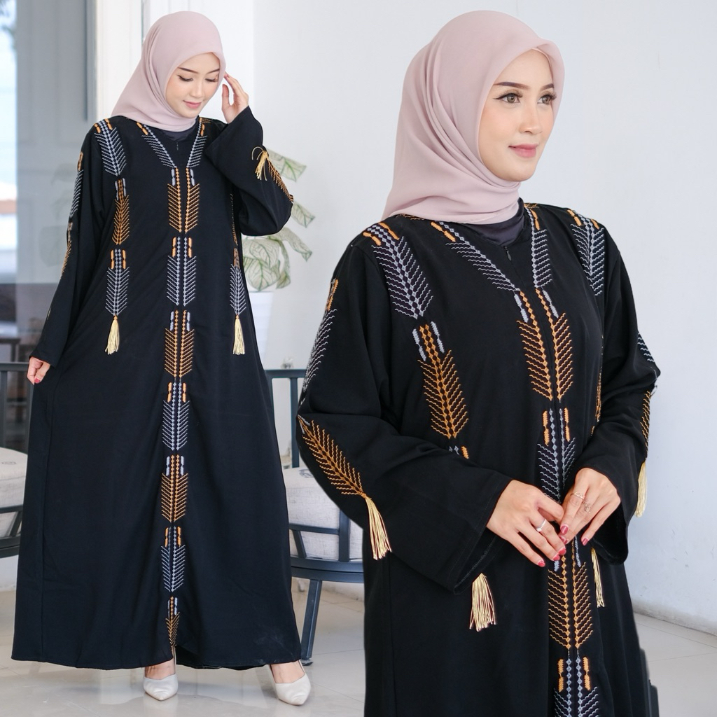 Abaya Bordir Tassel jetblack saudi gamis hitam polos dress syari mewah cantik umroh