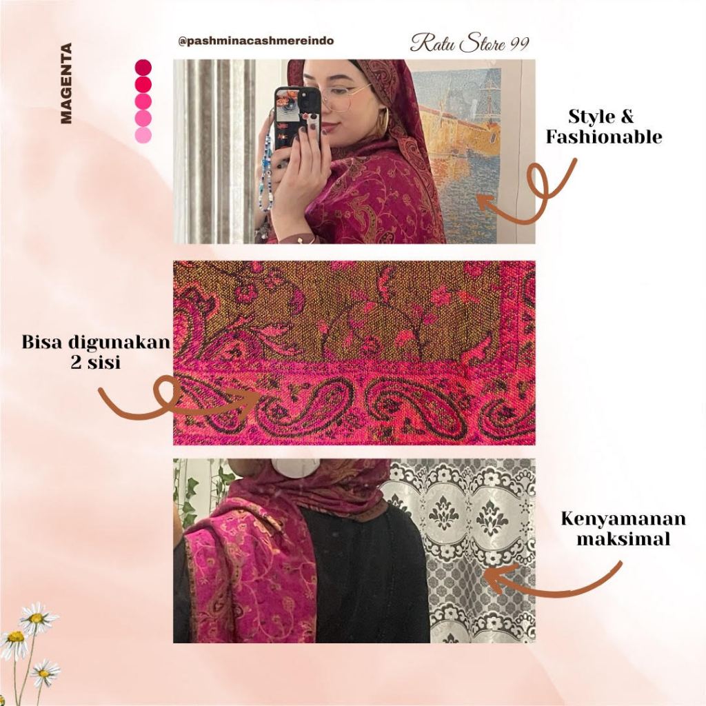 Hijab Kasmir Pashmina Halus Bahan Tenun Woll Warna Magenta
