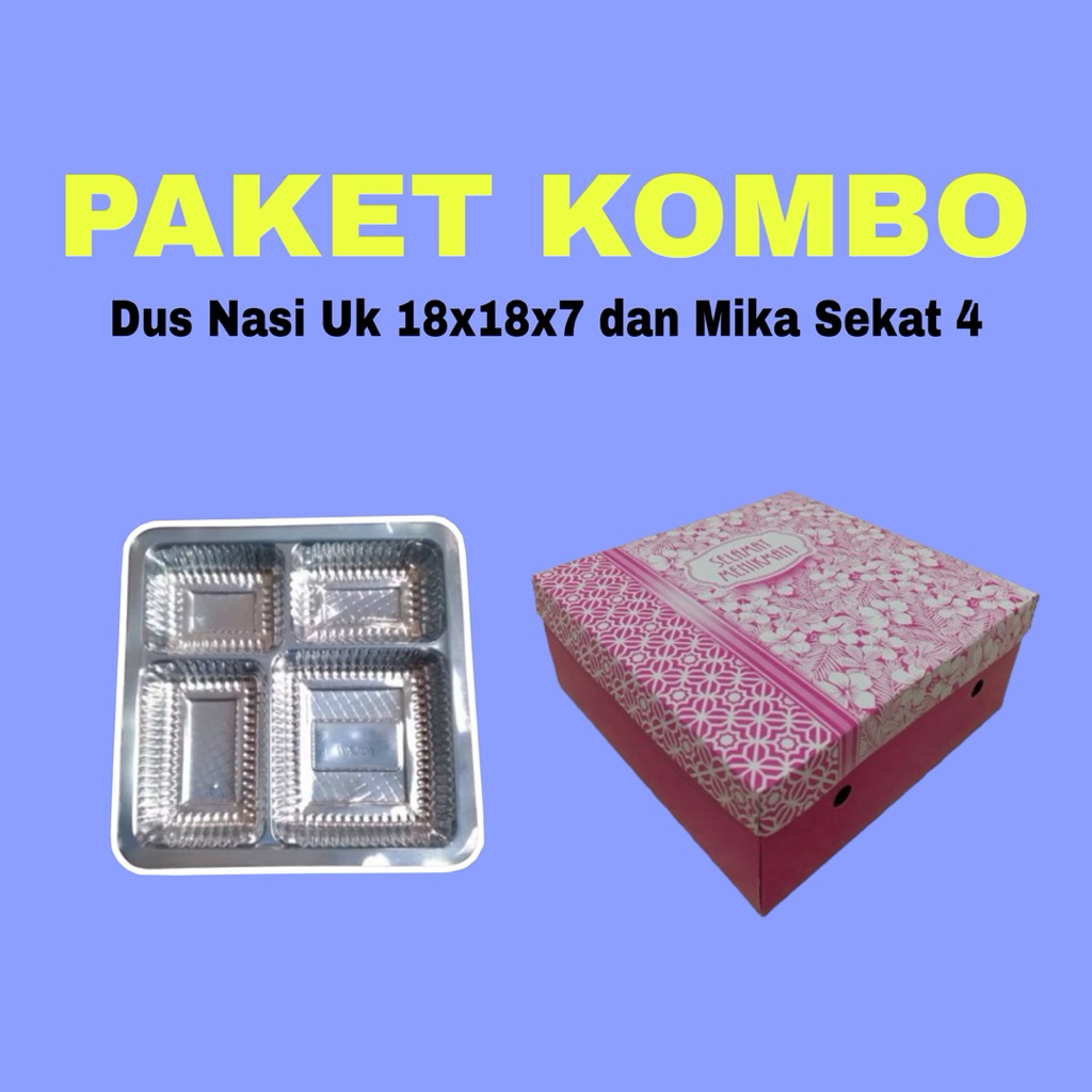 

100 Pcs Paket Dus Nasi uk 18x18x7 dan Mika sekat 4 || Kardus Nasi/ Kue Motif ||