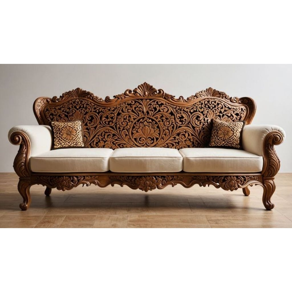 Sofa Ukir Mewah Kayu Jati 3 Dudukan Elegan Klasik Premium – Kursi Tamu Royal Jepara Luxury