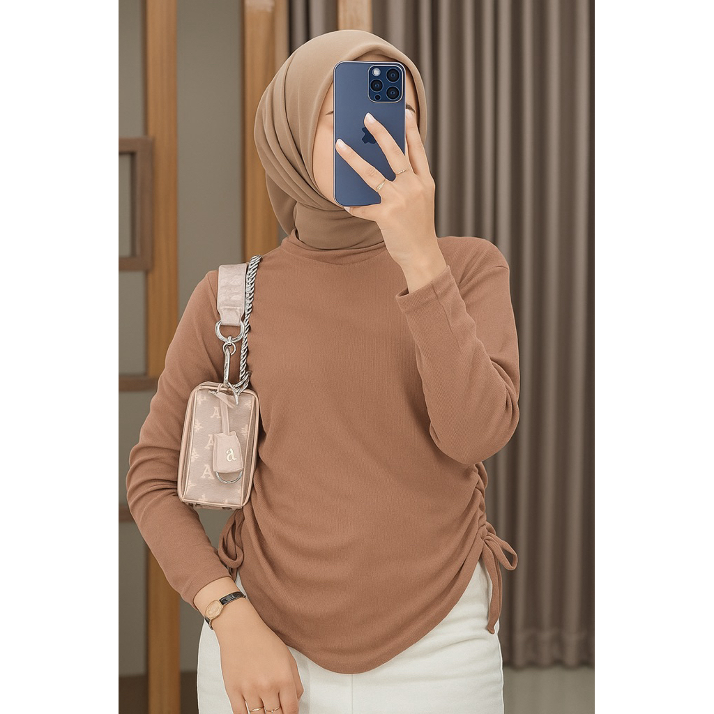 kaos serut samping bahan rib premium / atasan wanita knit lengan panjang