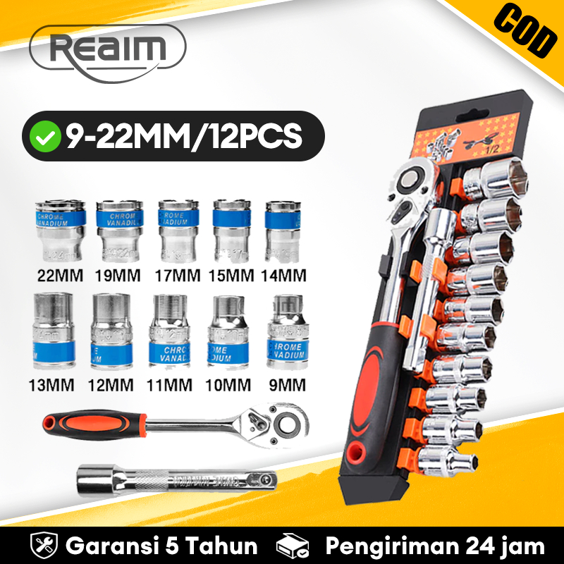 REAIM Socket Wrench SET - Ratchet Kunci Pas 12 pcs Kunci Set 1/2inci Socket Sok CR-V Multifungsi Han