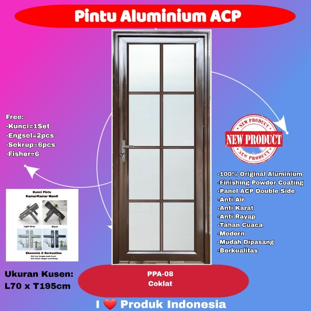 Pintu Full Aluminium Modern-PPA 08-Full Kaca Es 5mm-Ornamen-Coklat