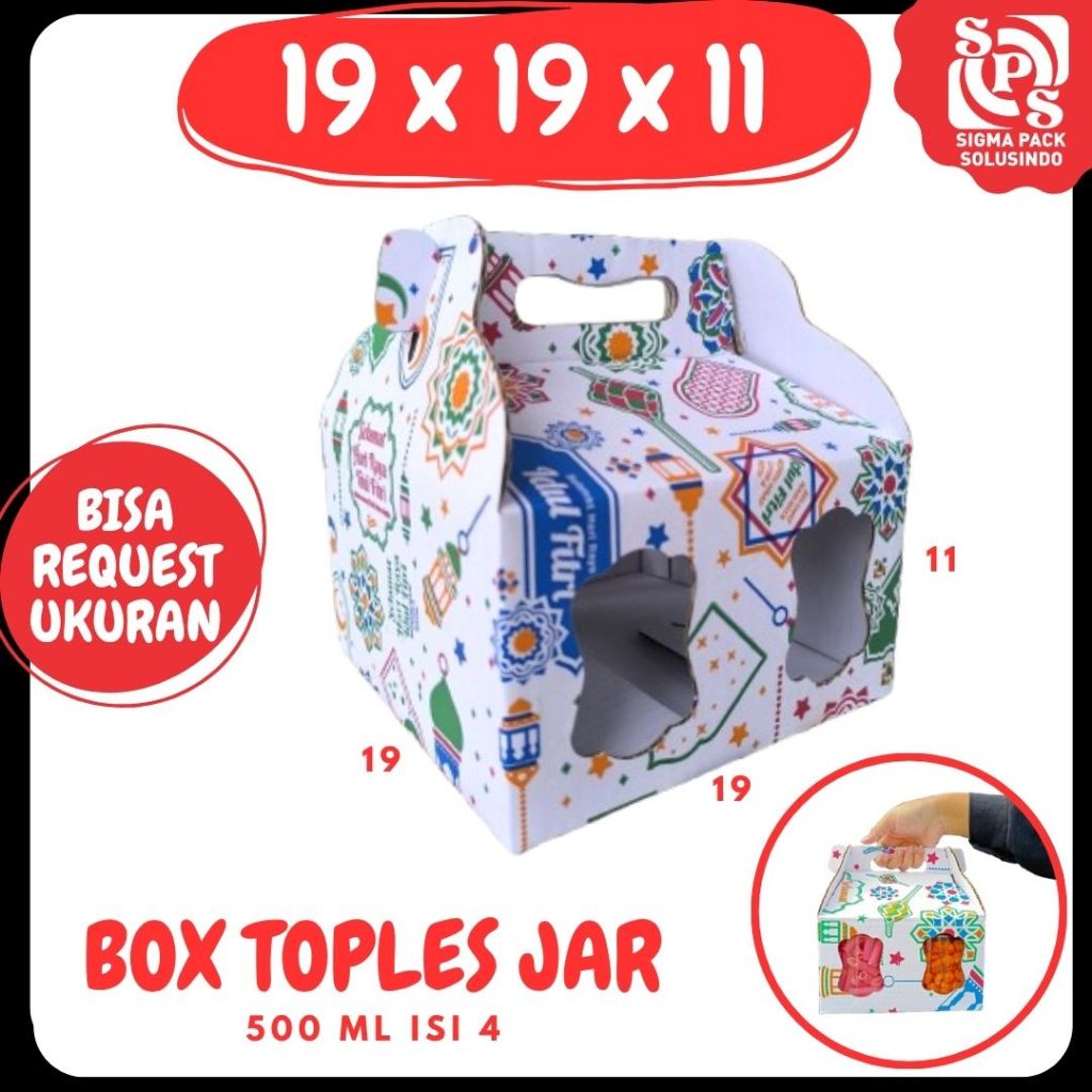 

Box_kuker 19x19x11 Jinjing (TOPLES JAR 500ml Isi 4) Kardus Kue Kering Idul Fitri Hampers Gable Box