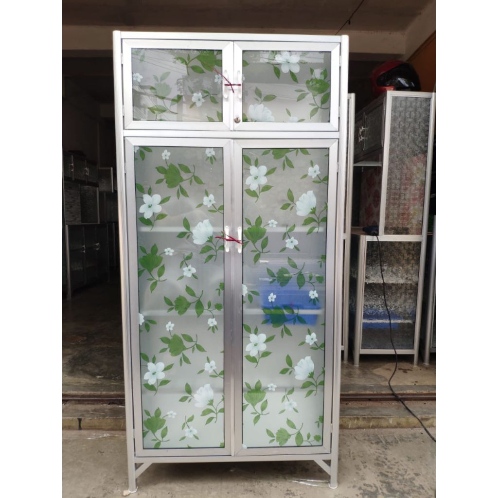 RAK PIRING 2 PINTU FULL KACA MOTIF STIKER / LEMARI CABINET DAPUR