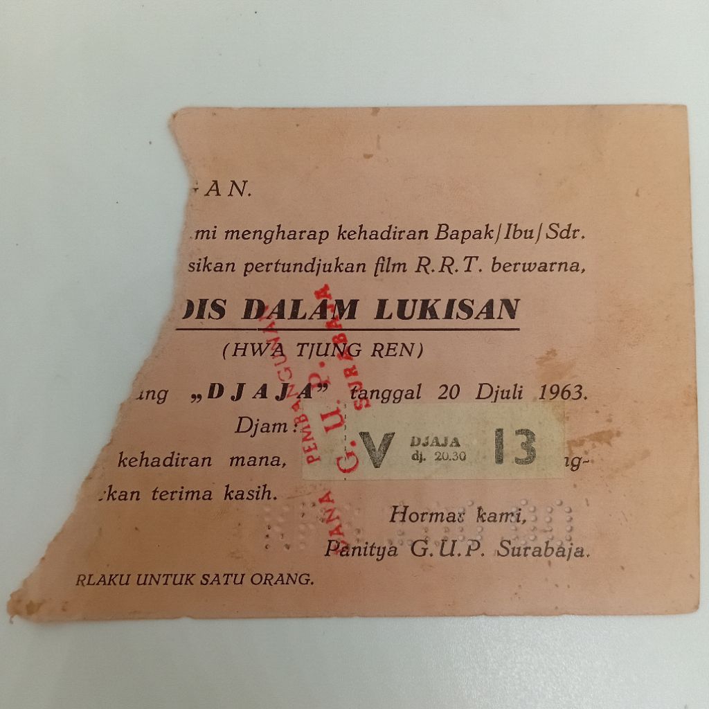 Koleksi Tiket Bioskop Lama 1963 Gala Primiere Flm 