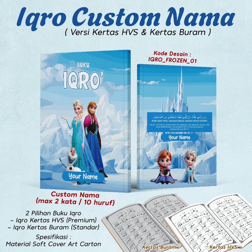 IQRO ANAK CUSTOM NAMA / BUKU IQRO GAMBAR FROZEN SOFTCOVER LENGKAP IQRO 1 - 6 DESAIN KARAKTER FROZEN