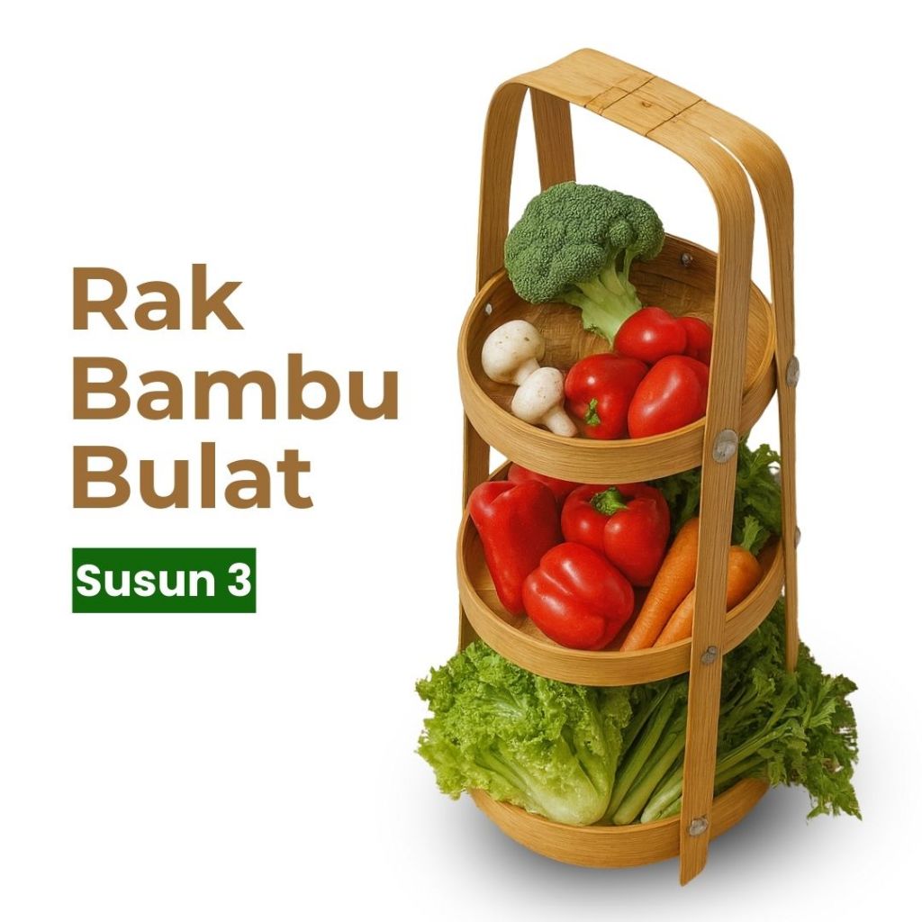 Rak Bumbu Bambu Bulat Susun 3 Rak Dapur Rak Bawang untuk Penyimpanan Sayur dan Bumbu