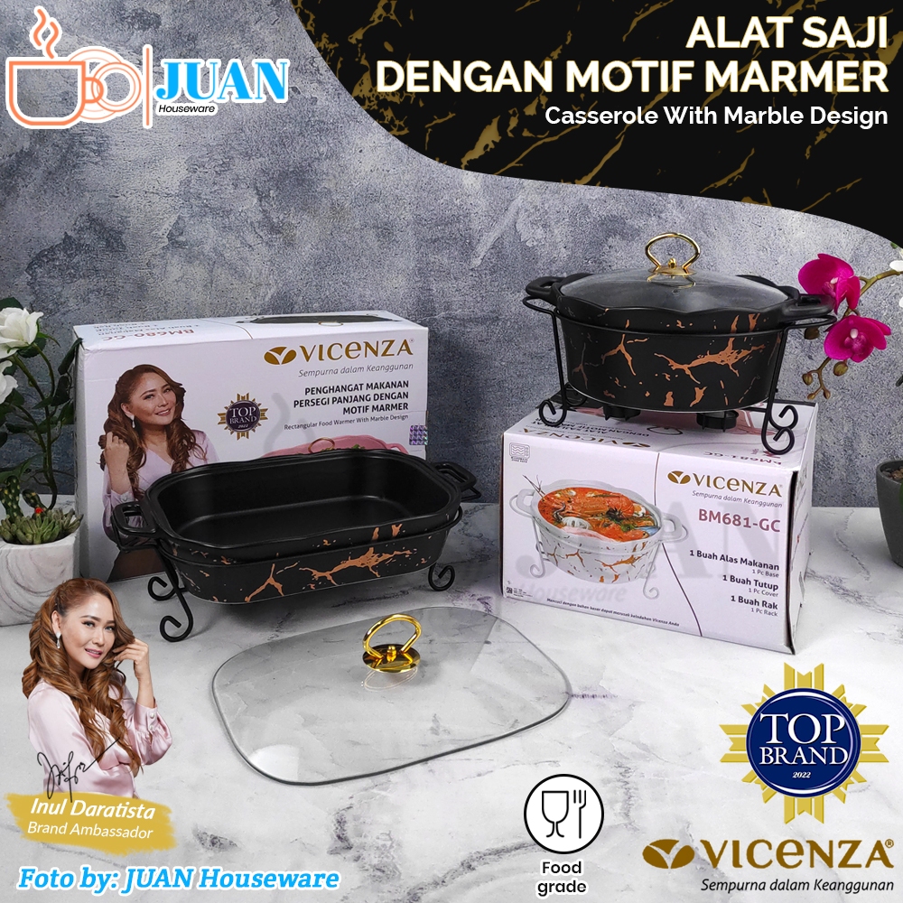 VICENZA Wadah saji keramik motif Gold Black Marble + rak / food warmer segi panjang BM-681/Bulat BM-